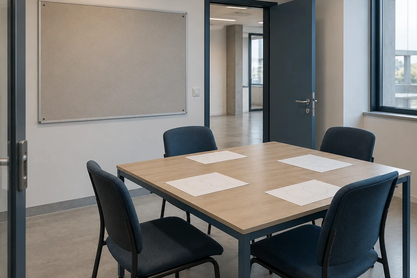 Mesa de reunião em sala de trabalho com folhas de estudo e painel ao fundo.