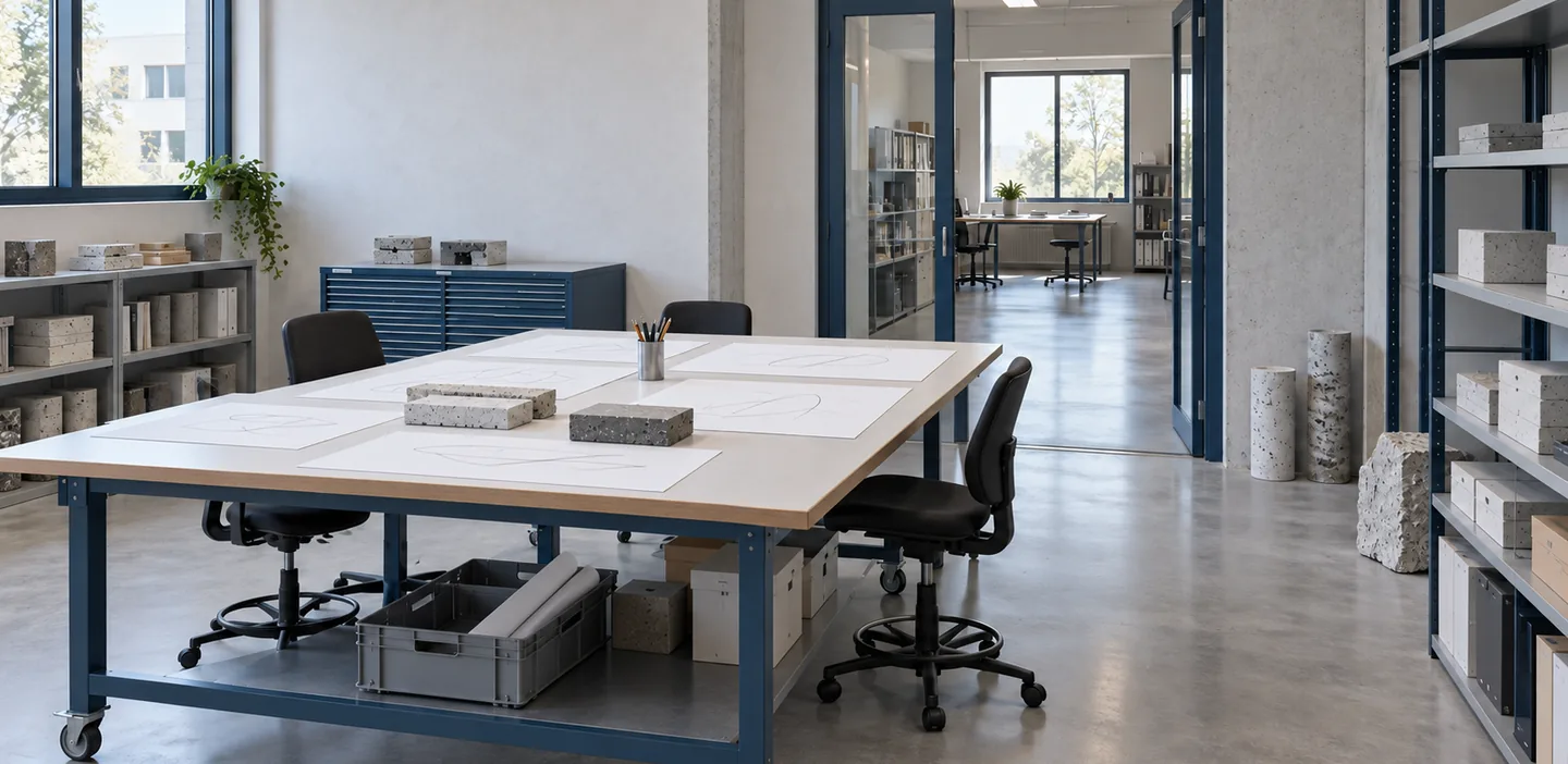 Ambiente técnico com mesa de trabalho, folhas de estudo sem texto legível e área de circulação ao fundo.